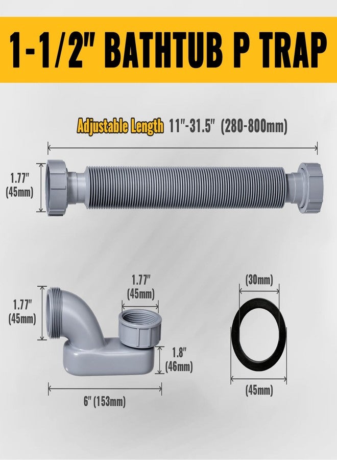 VIVIDA Bathtub Shower Drain Pipe, 1-1/2" Low Profile P Trap Bathtub Fittings, Flexible Flat P Trap Freestanding Tub Drain for Bath and RV, Sealing Tape Included, Gray, 1 PACK - Image 2